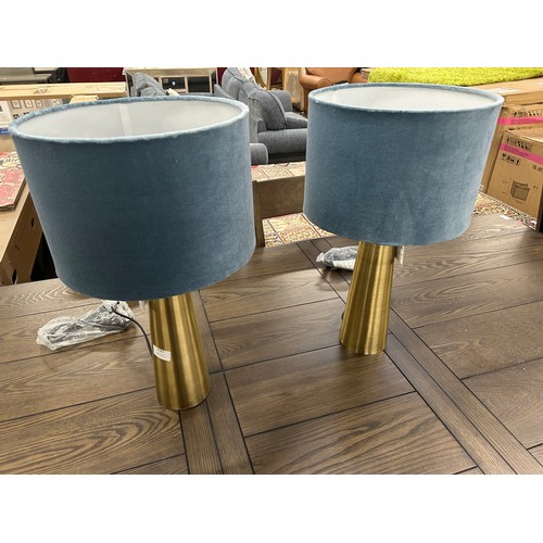 3187 - A pair of brass lamps with blue flocked shades