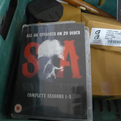 5289 - A box of assorted items including a Sons of Anarchy complete DVD series, Gunn and Moore cricket gave... 