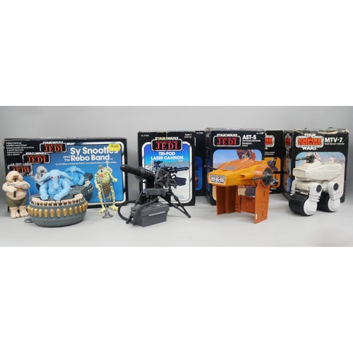 2077 - Four Star Wars figures/toys, MTV-7, Tri-Pod Laser Cannon, AST-5 and Sy Snootles and the Rebo Band, b... 