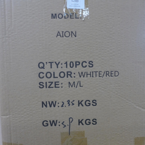 5249 - A box of 10 Aion white and red size medium to large cycling helmets