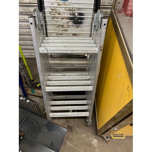 5175 - Four sets of ladders including a 5 rung aluminium step ladder, a set of 2 rung metal steps, a set of... 