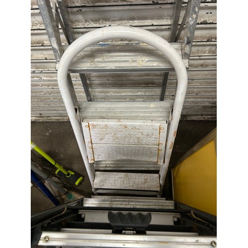 5175 - Four sets of ladders including a 5 rung aluminium step ladder, a set of 2 rung metal steps, a set of... 