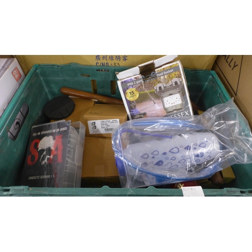 5279 - A box of assorted items including a Sons of Anarchy complete DVD series, Gunn and Moore cricket gave... 