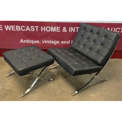 66 - A Barcelona style chrome and black leather chair and stool