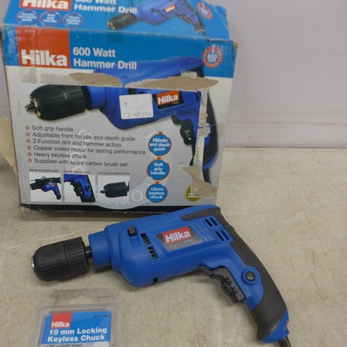 5070 - A selection of power tools including a Hilka 600W hammer drill, a Draper 880W PT9115 angle grinder a... 