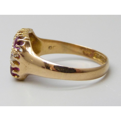 7011 - An 18ct gold, pink stone and diamond ring, Birmingham 1910, 2.9g, P