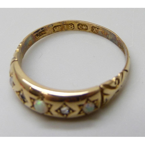 7012 - A Victorian 18ct gold, opal and diamond ring, Birmingham 1897, 2.6g, N