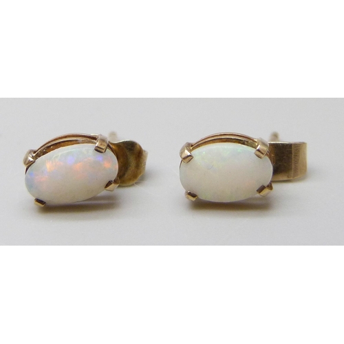 7018 - A pair of 9ct gold and opal stud earrings, 1g, 0.7cm, together with a pair of plated agate drop earr... 