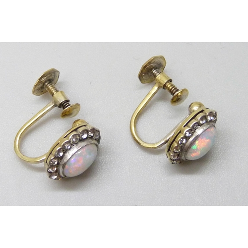 7027 - A pair of 9ct gold screw back opal cluster earrings with zircon halos, 2.6g, 1.1cm