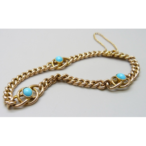 7028 - A Victorian 15ct gold and cabochon turquoise bracelet, 9.7g, 18cm