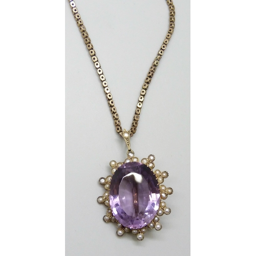 7030 - An amethyst and half seed pearl pendant, 3.4cm, stone  1.8 x 2.3cm, together with a 9ct gold chain, ... 