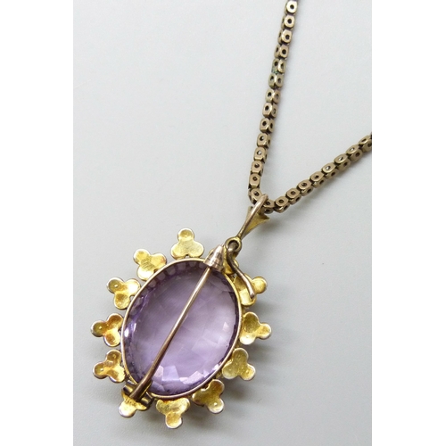 7030 - An amethyst and half seed pearl pendant, 3.4cm, stone  1.8 x 2.3cm, together with a 9ct gold chain, ... 