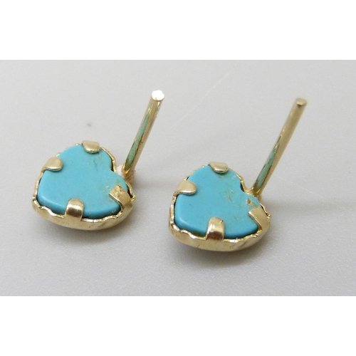 7037E - A pair of yellow metal earrings set with blue heart shaped stones, the butterflies marked 585, 1g, 6... 