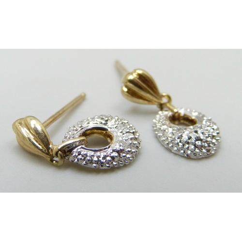 7037I - A pair of 9ct gold and diamond set drop earrings, 1.2g, 1.5cm