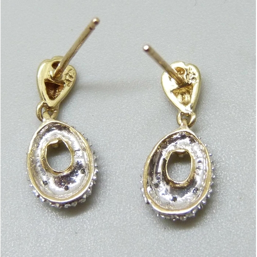 7037I - A pair of 9ct gold and diamond set drop earrings, 1.2g, 1.5cm