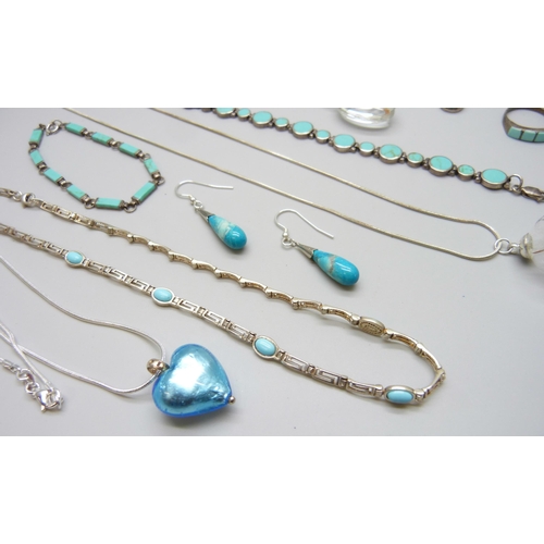 7043 - A collection of silver stone set jewellery, 49g, an unmarked ring and bracelet, two plated chains, a... 