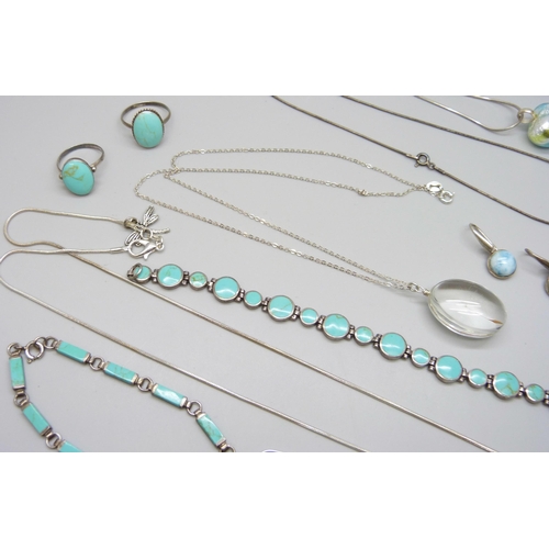 7043 - A collection of silver stone set jewellery, 49g, an unmarked ring and bracelet, two plated chains, a... 