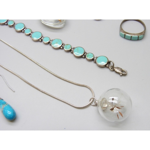 7043 - A collection of silver stone set jewellery, 49g, an unmarked ring and bracelet, two plated chains, a... 