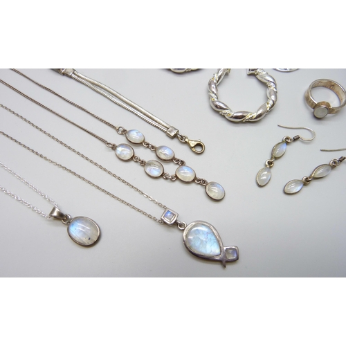 7045 - A collection of silver and white metal jewellery including moonstone set, 57g, together with a pair ... 