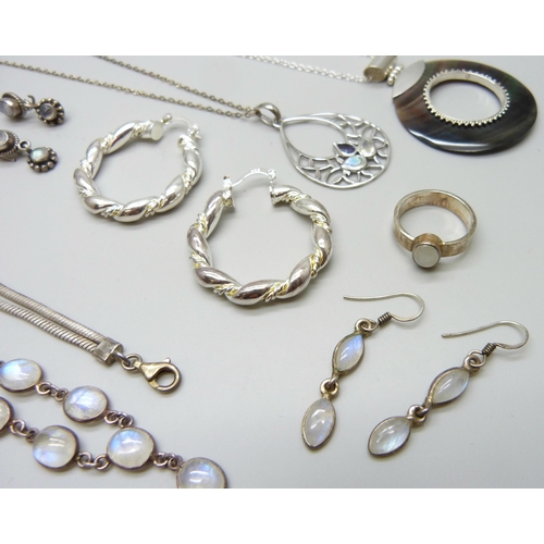 7045 - A collection of silver and white metal jewellery including moonstone set, 57g, together with a pair ... 