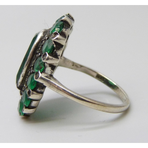 7049 - A .935 silver marcasite and green stone ring, J/K