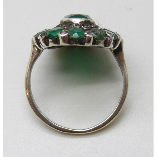 7049 - A .935 silver marcasite and green stone ring, J/K