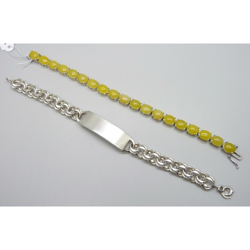 7051 - A silver ID bracelet, 21.5cm, a silver yellow quartz set tennis bracelet, 20cm, a large silver and r... 