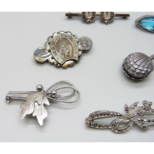 7054 - A collection of Victorian and later silver brooches, together with a silver napkin clip, 33g total