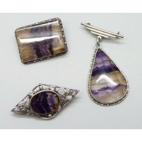 7056 - Three silver Blue John set brooches, 23g, drop brooch 4.5cm