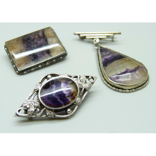 7056 - Three silver Blue John set brooches, 23g, drop brooch 4.5cm