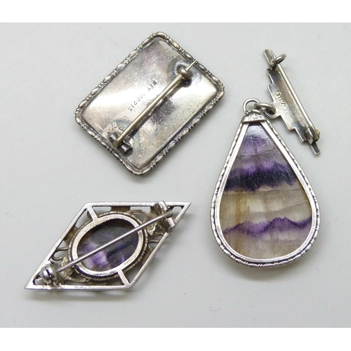 7056 - Three silver Blue John set brooches, 23g, drop brooch 4.5cm