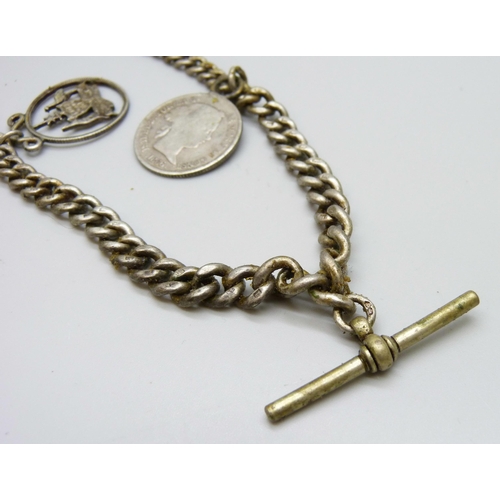 7059 - A silver Albert chain with two coin pendants, base metal clips and t bar, 41g total