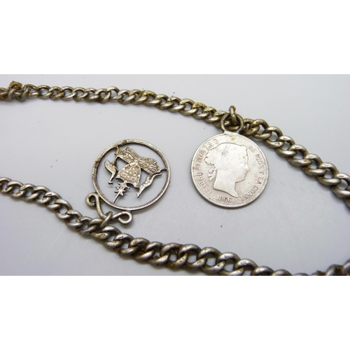 7059 - A silver Albert chain with two coin pendants, base metal clips and t bar, 41g total