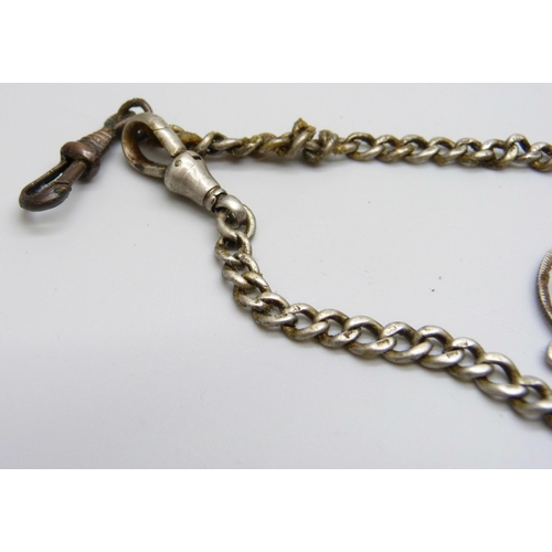 7059 - A silver Albert chain with two coin pendants, base metal clips and t bar, 41g total