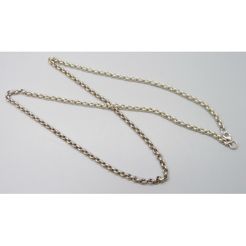 7061 - Two long silver chains - belcher and curb link, both 65cm, 44g total