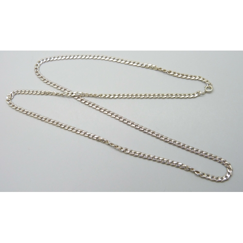 7061 - Two long silver chains - belcher and curb link, both 65cm, 44g total