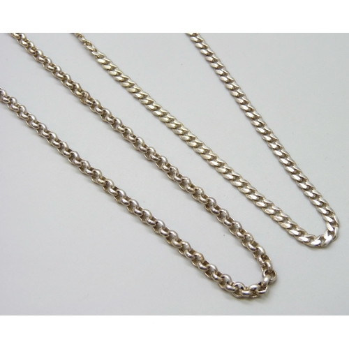 7061 - Two long silver chains - belcher and curb link, both 65cm, 44g total