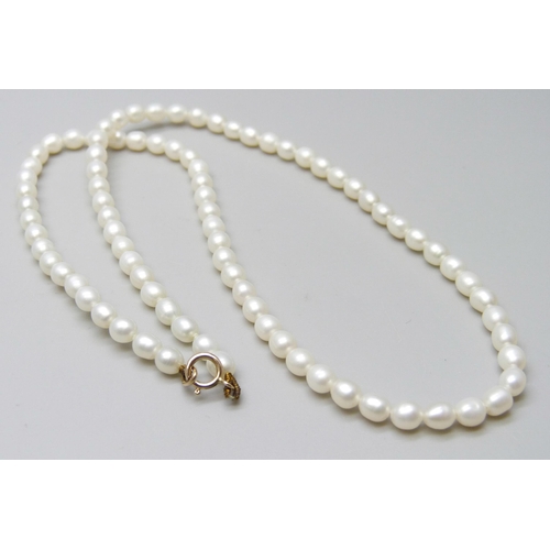 7108 - A freshwater pearl necklace with 9k gold clasp, 10g, 41.5cm