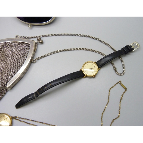 7115 - A Favre-Leuba lady's wristwatch, a white metal mounted mussel pot, an alpaca chainmail purse, a roll... 