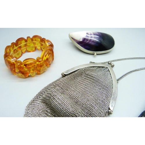 7115 - A Favre-Leuba lady's wristwatch, a white metal mounted mussel pot, an alpaca chainmail purse, a roll... 