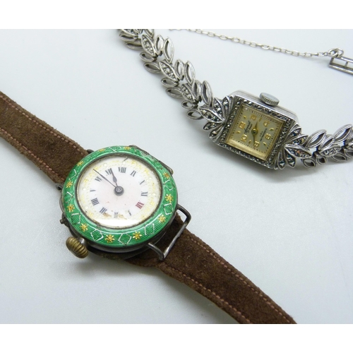 7139 - Two silver cased guilloche enamel wristwatches, both a/f, together with two other silver wristwatche... 