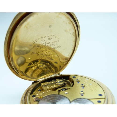 7140 - A 14ct gold plated pocket watch, a/f lacking cover, together with a Ross London compass