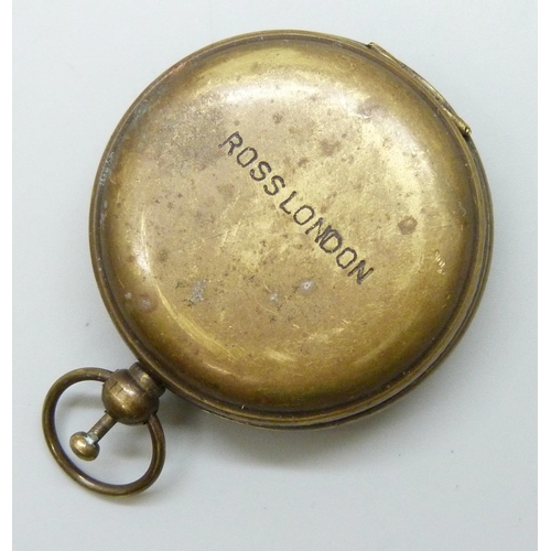 7140 - A 14ct gold plated pocket watch, a/f lacking cover, together with a Ross London compass