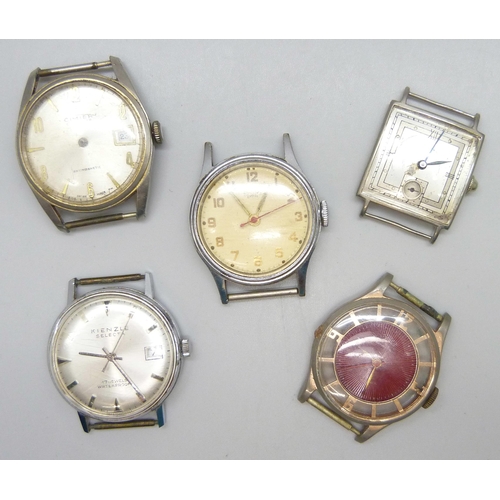 7144 - Five wristwatch heads including Smiths and Kienzle