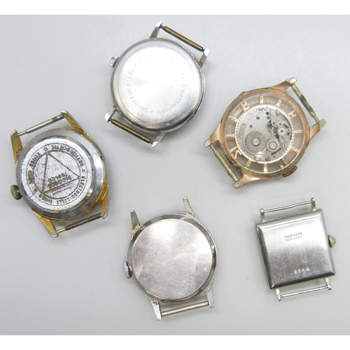 7144 - Five wristwatch heads including Smiths and Kienzle