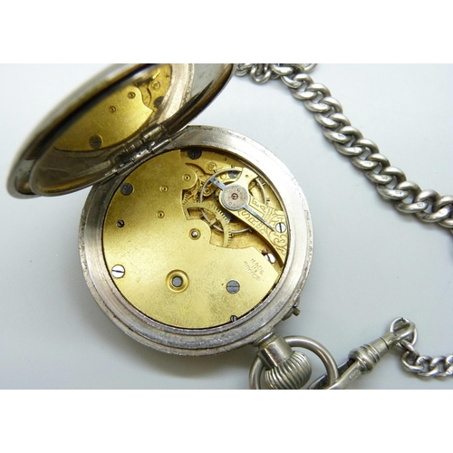 7146 - A silver graduated curb link watch chain with plated dog clip, and a metal pocket watch, chain 33g