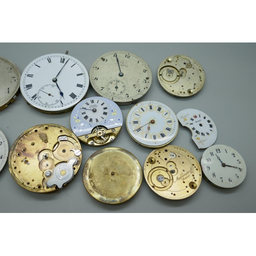 7164 - A collection of pocket watch movements including Smiths, Waltham Broadway, Rigorosa 8 day movement a... 