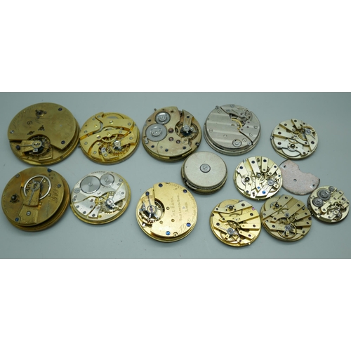 7164 - A collection of pocket watch movements including Smiths, Waltham Broadway, Rigorosa 8 day movement a... 