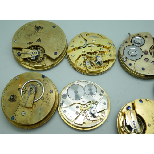 7164 - A collection of pocket watch movements including Smiths, Waltham Broadway, Rigorosa 8 day movement a... 