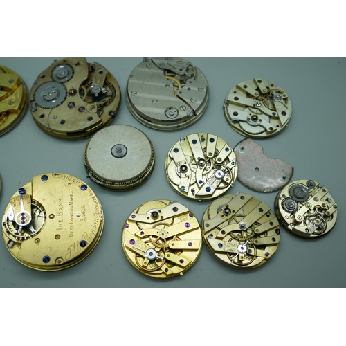 7164 - A collection of pocket watch movements including Smiths, Waltham Broadway, Rigorosa 8 day movement a... 